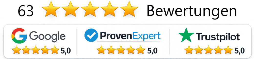5-Sterne-Kundenbewertungen der Schuldner- und Insolvenzberatung Stefan Habermann auf Google, ProvenExpert und Trustpilot