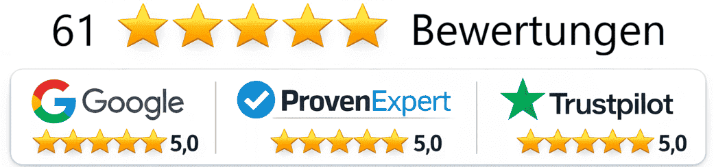 60 Top-Bewertungen mit 5,0 Sternen bei Google, ProvenExpert und Trustpilot für die Schuldnerberatung und Insolvenzberatung Stefan Habermann